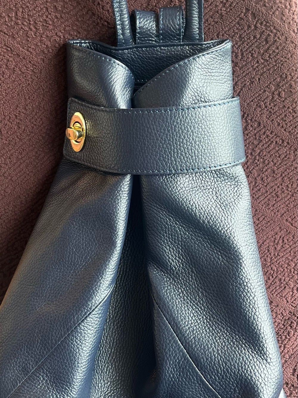 Navy Leather Backpack with Gold Turn-Lock Accent